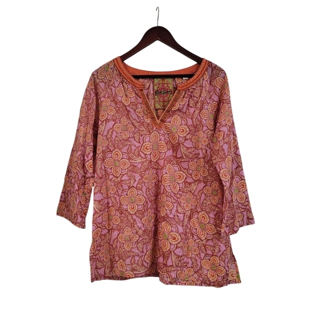 Robert Graham Pink Boho Floral V-neck Top Size Medium 3/4 Long Sleeve